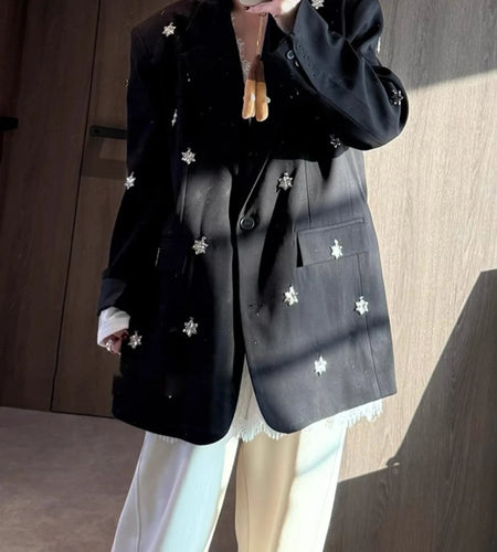 Solid Loose Spliced Sequined Casual Blazers for Women Lapel Long Sleeves Patchwork Pocket Fashion Blazer Female New