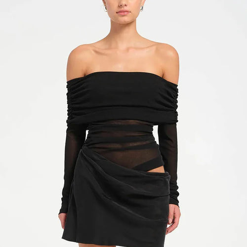 Load image into Gallery viewer, Hollow Out Off-shoulder Sexy Mini Dress Women Fashion Patchwork Strapless Long Sleeve Backless Ruched Club Dress
