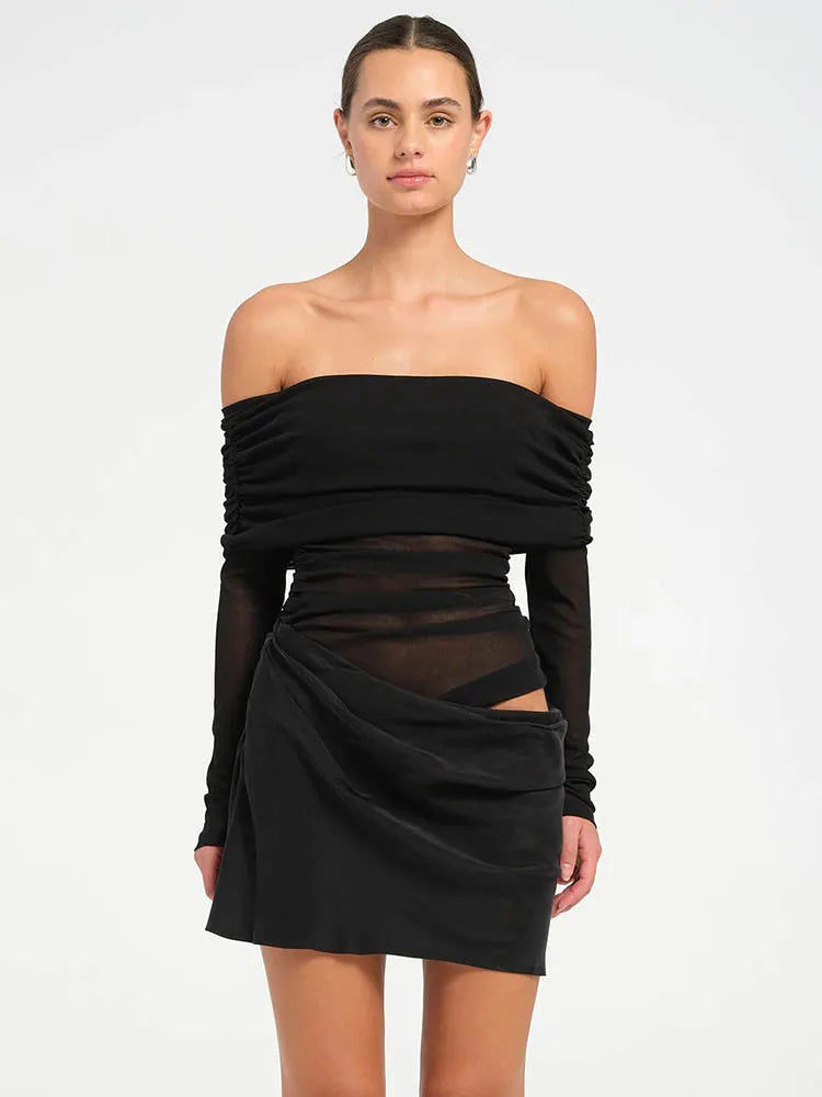 Hollow Out Off-shoulder Sexy Mini Dress Women Fashion Patchwork Strapless Long Sleeve Backless Ruched Club Dress