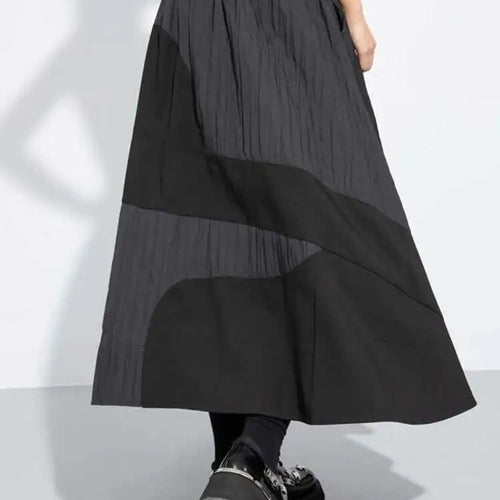 Load image into Gallery viewer, High Elastic Waist Black Color-block Pleated A-line Half-body Skirt Women Fashion Tide New Spring Autumn 2025 1DH7645
