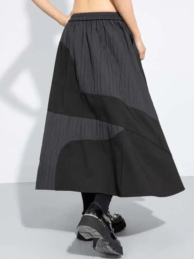 High Elastic Waist Black Color-block Pleated A-line Half-body Skirt Women Fashion Tide New Spring Autumn 2025 1DH7645