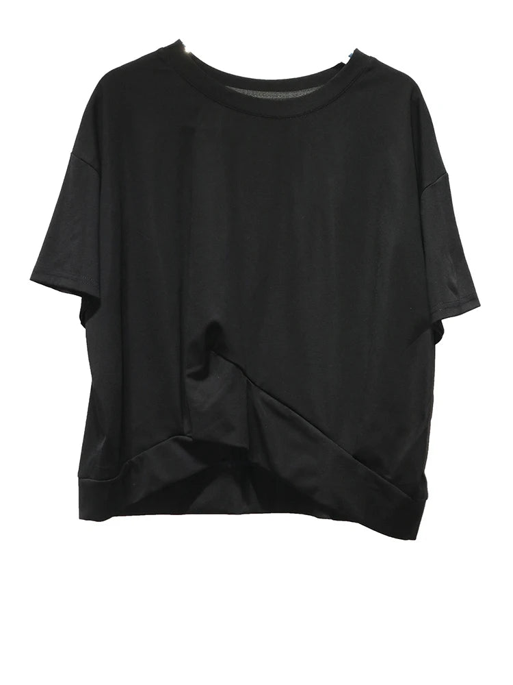 Women Black Irregular Spliced Big Size Casual T-shirt New Round Neck Short Sleeve Fashion Tide Spring Summer 2025 1DJ1297