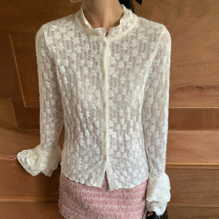 Solid Casual Slimming Sheer Lace Blouses For Women Stand Collar Flare Sleeve Spliced Single Breasted Shirt Female