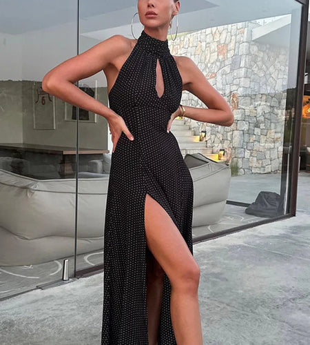 Elegant Sleeveless Shiny Polka Dot Bodycon Club Party Evening Dress For Women New Sexy Hollow Out Backless Slit Vestido