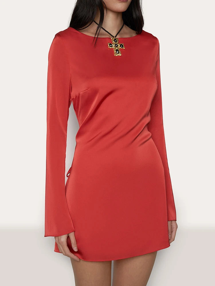 Elegant Long Sleeved Bodycon Dress Women Lace Up Open Back Slim Fit Mini Dress Female Fashion Party Club Evening Dress