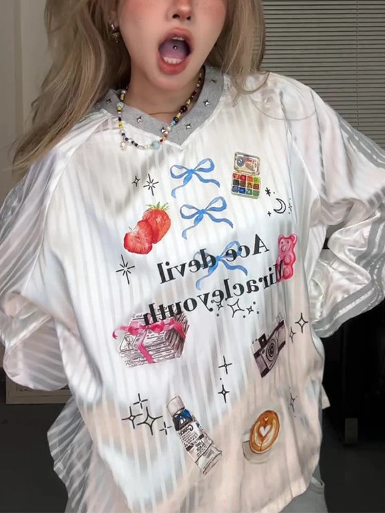 Oversized Printing Grunge T-shirt Women Y2k Aesthetics Rivet  Casual Tops Harajuku Fairycore 00s E-girl Cute Tshirt Fairy Tees