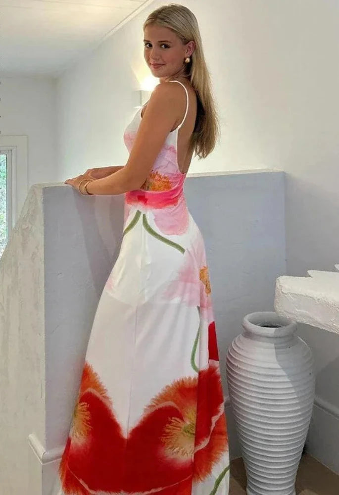 Floral Print White Sleeveless Backless Long Dress Vacation Outfits for Women 2024 Sexy Summer Dresses C77-CB30