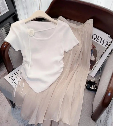 2025 Summer Two Piece Set Women's Solid Short Sleeve Drawstring Lace-up Asymmetric Knit Tops And High Waist Pleated Long Skirts