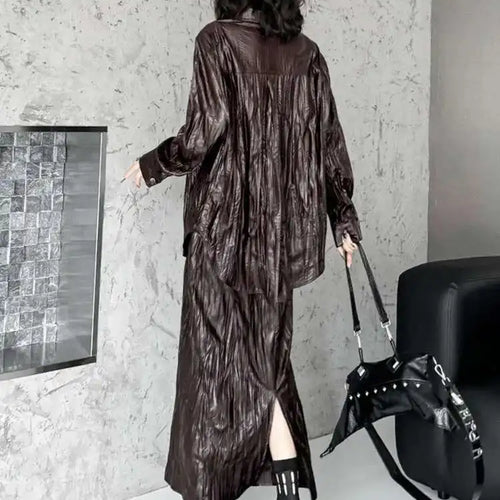 Load image into Gallery viewer, Wine Red Leather Shirt Half-body Skirt Two Pieces Suit New Lapel Long Sleeve Women Fashion Tide Spring Autumn 2025 1DH6880
