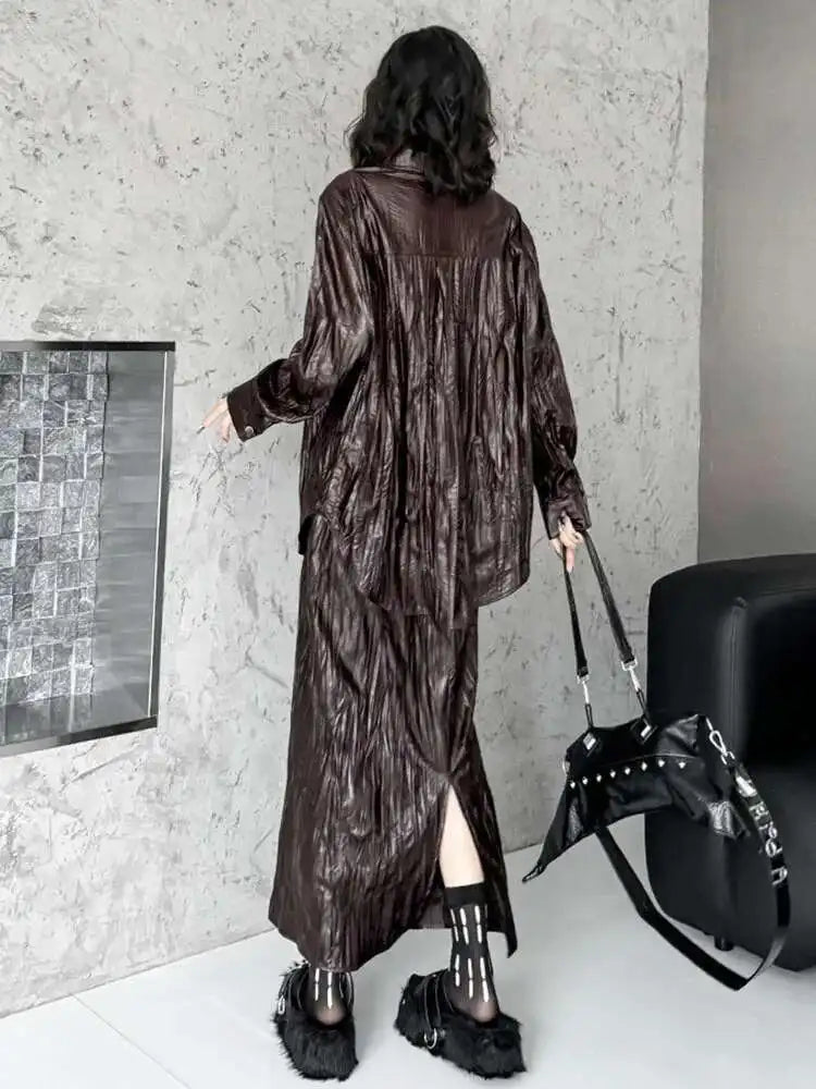 Wine Red Leather Shirt Half-body Skirt Two Pieces Suit New Lapel Long Sleeve Women Fashion Tide Spring Autumn 2025 1DH6880