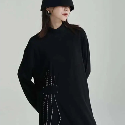Load image into Gallery viewer, Women Black Topstitched Long Big Size Dress New Turtleneck Long Sleeve Loose Fit Fashion Tide Spring Autumn 2025 1DF3239
