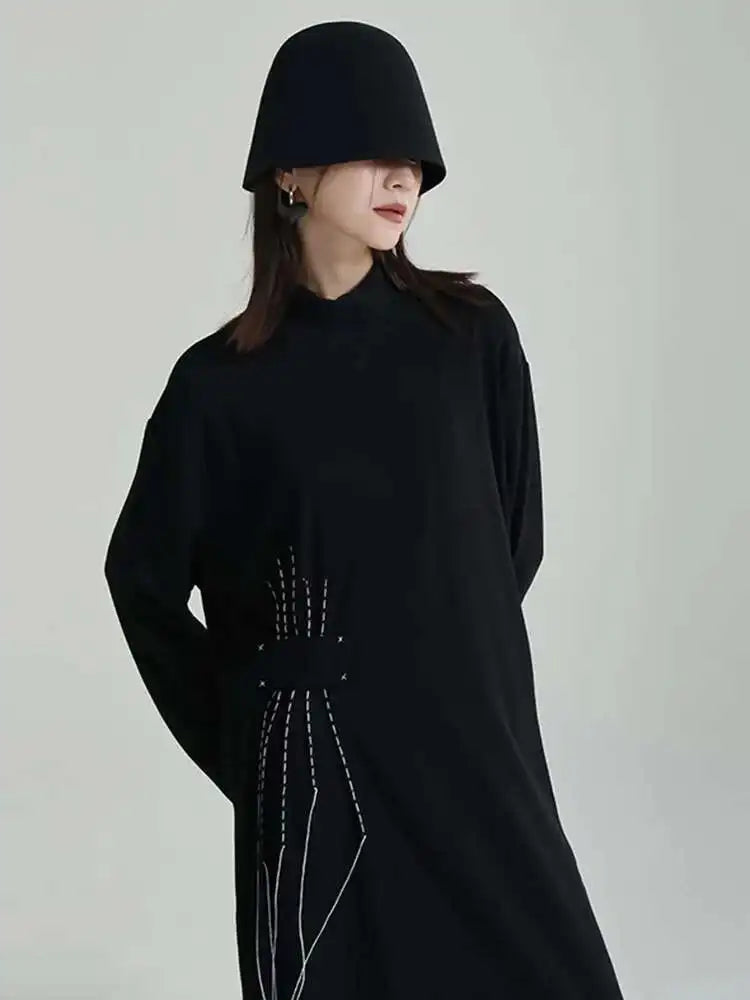 Women Black Topstitched Long Big Size Dress New Turtleneck Long Sleeve Loose Fit Fashion Tide Spring Autumn 2025 1DF3239