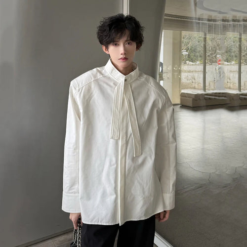 Load image into Gallery viewer, Men&#39;s Shirts Long Sleeve New Summer Korean Style Personalized Ribbon Design Turn-down Collar Solid Color Male Top 9W1753
