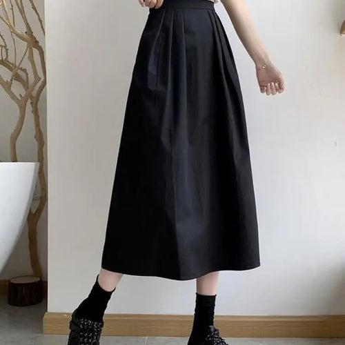 Load image into Gallery viewer, Spring Summer Women Solid Pockets Skirts Vintage High Waist Elastic Chic Long Cake A-line Versatile Mid Length Skirt For Student
