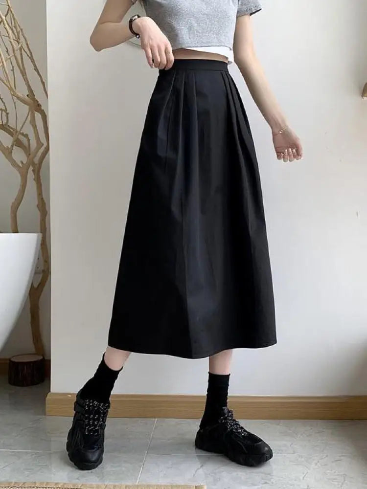 Spring Summer Women Solid Pockets Skirts Vintage High Waist Elastic Chic Long Cake A-line Versatile Mid Length Skirt For Student
