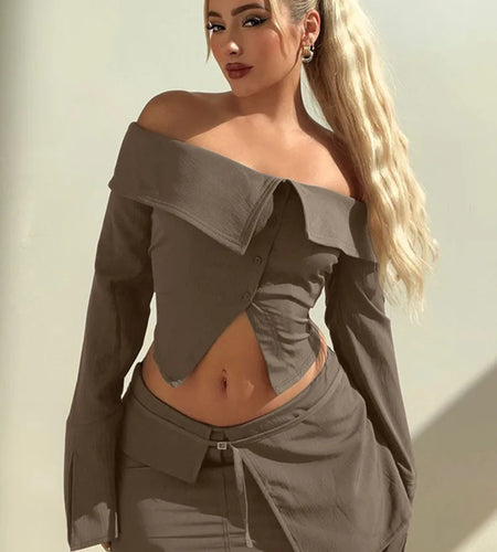 Sexy Two Piece Sets Women Off-shoulder Long Sleeve T-shirt And Mini Skirt Matching Sets Backless Sexy 2 Piece Sets