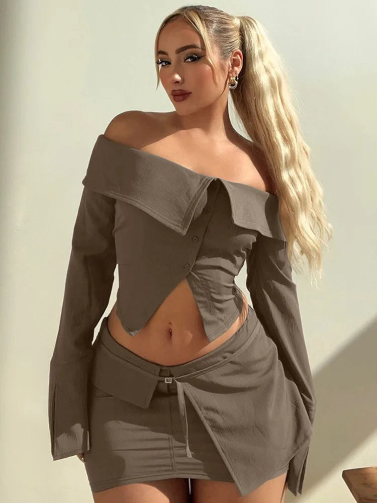 Sexy Two Piece Sets Women Off-shoulder Long Sleeve T-shirt And Mini Skirt Matching Sets Backless Sexy 2 Piece Sets