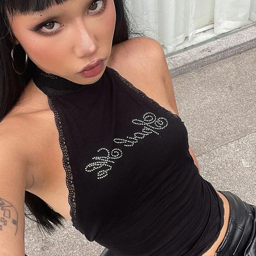 Load image into Gallery viewer, Halter Sleeveless Crop Top Vest 2024 Summer Women Lace Patchwork Sexy Rhinestones Y2K Vintage Elegant Club
