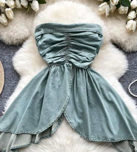 New Women Black Temperament Sleeveless Ruffles Pleated Denim Strapless Tops Summer Blue Sexy Club Backless Irregular Vest Street