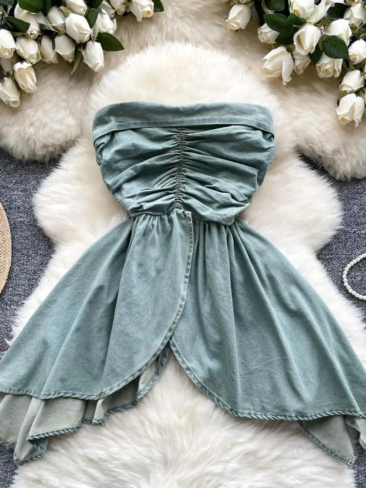 New Women Black Temperament Sleeveless Ruffles Pleated Denim Strapless Tops Summer Blue Sexy Club Backless Irregular Vest Street
