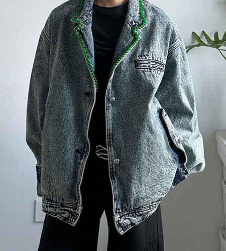 Blue Denim Rhinestones Big Size Casual Jacket New Lapel Long Sleeve Women Coat Fashion Tide Spring Autumn 2025 1DH9669