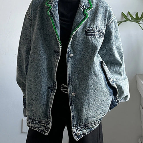Load image into Gallery viewer, Blue Denim Rhinestones Big Size Casual Jacket New Lapel Long Sleeve Women Coat Fashion Tide Spring Autumn 2025 1DH9669
