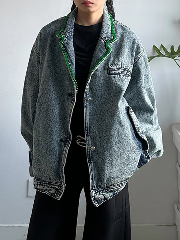 Blue Denim Rhinestones Big Size Casual Jacket New Lapel Long Sleeve Women Coat Fashion Tide Spring Autumn 2025 1DH9669