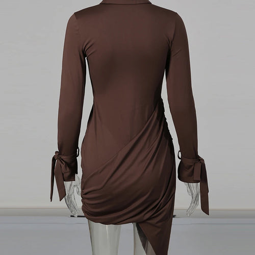 Load image into Gallery viewer, Slimming Spliced Single Breasted Mini Dresses for Women Lapel Long Sleeves Patchwork Folds Irregualr Dress Female
