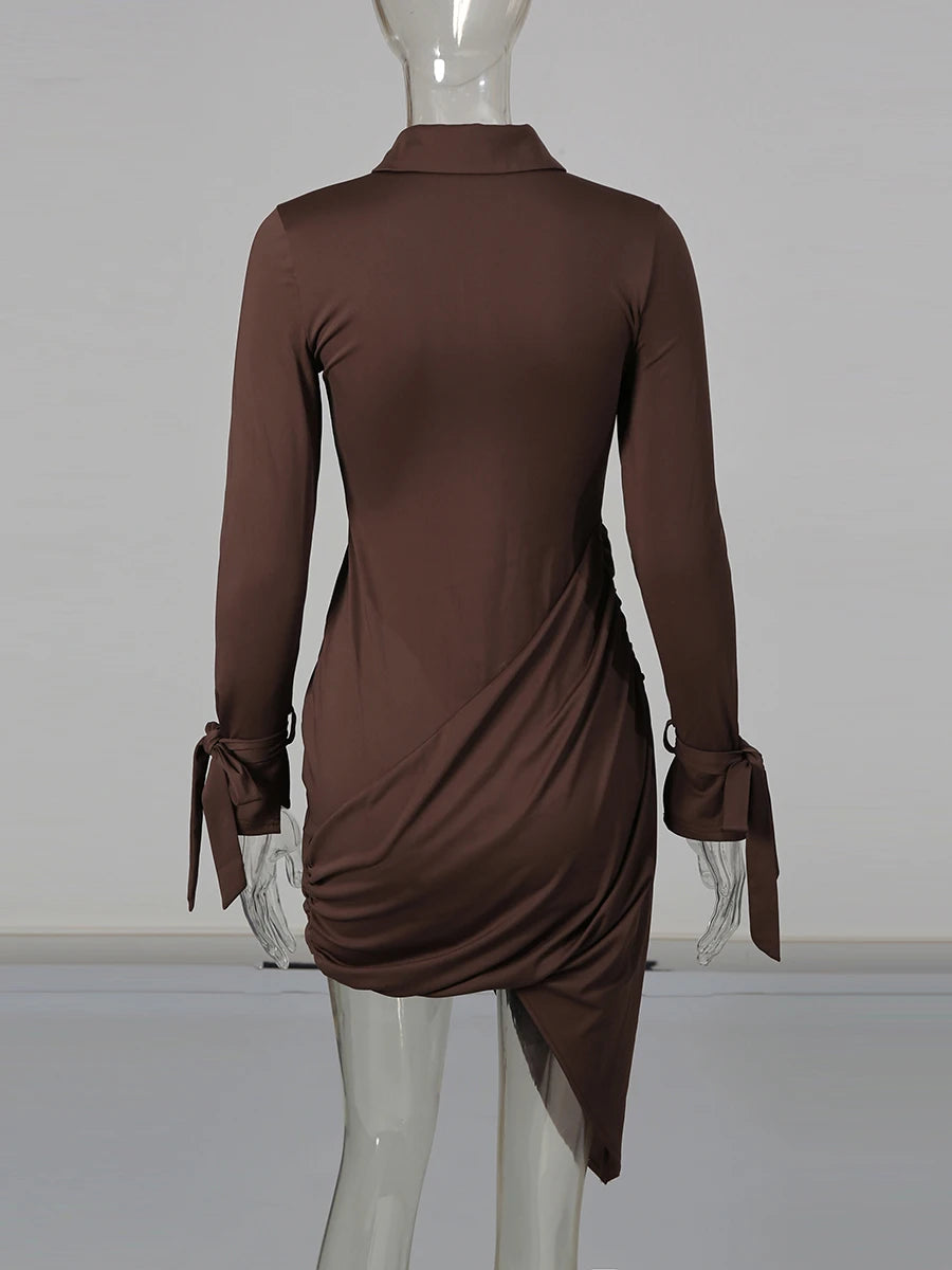 Slimming Spliced Single Breasted Mini Dresses for Women Lapel Long Sleeves Patchwork Folds Irregualr Dress Female