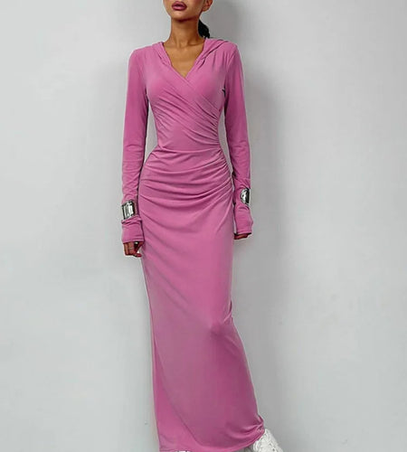 Elegant V Neck Hooded Maxi Dress For Women Autumn Winter New Long Sleeve Bodycon Ruched Fashion Long Dress New