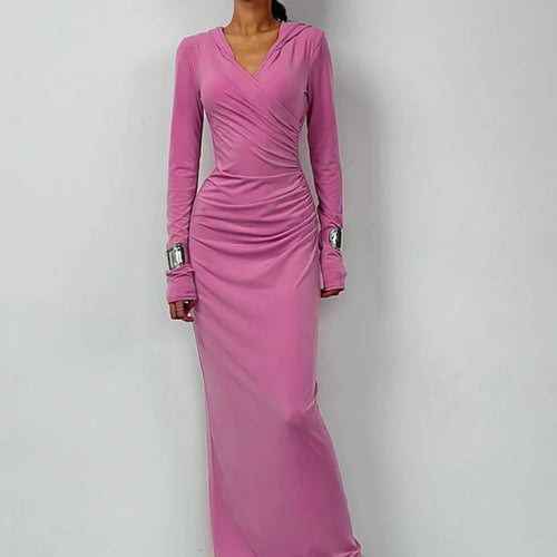 Load image into Gallery viewer, Elegant V Neck Hooded Maxi Dress For Women Autumn Winter New Long Sleeve Bodycon Ruched Fashion Long Dress New
