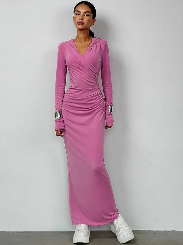 Elegant V Neck Hooded Maxi Dress For Women Autumn Winter New Long Sleeve Bodycon Ruched Fashion Long Dress New