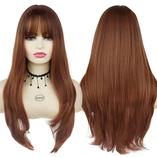 Load image into Gallery viewer, Synthetic Hair Wig Long Wigs for Women Ombre Brown Straight Wig with Bangs Heat Resistant Costume for Woman Carnival Party Wig
