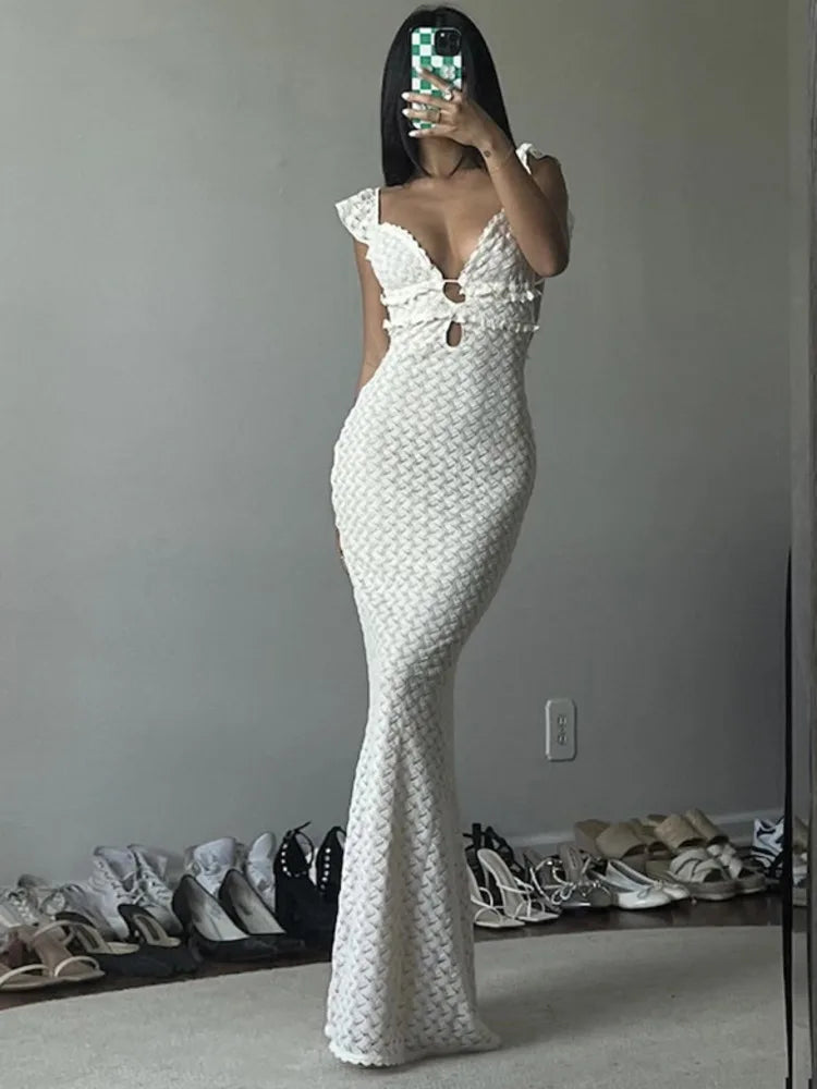 Elegant Sleeveless Lace Up Hollow Out Bodycon Women Dress 2024 Fall New V-neck Backless Party Evening Dress Slim Vestido