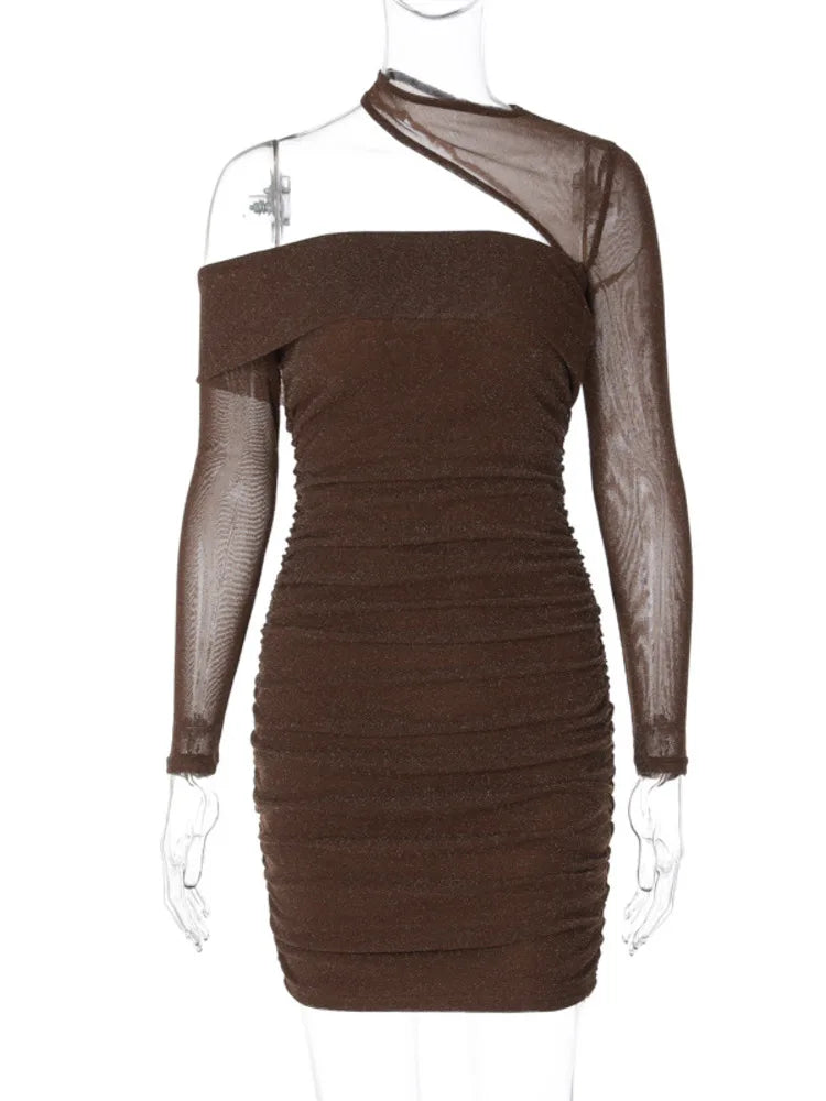 Winter New Fashion Sexy Pleated Slim Wrapped Hip Dress Women Tight Shiny Irregular Evening Party Club Short Skirt