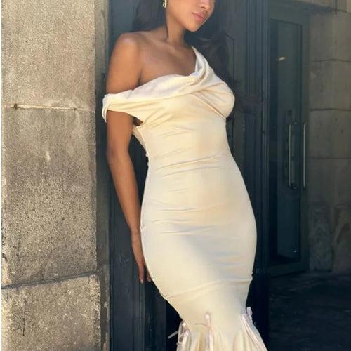 Load image into Gallery viewer, Elegant Irregular Tight Ruffle Edge Evening Dress Women's Sexy V-neck One Shoulder Dress Female Double Layer Party Club
