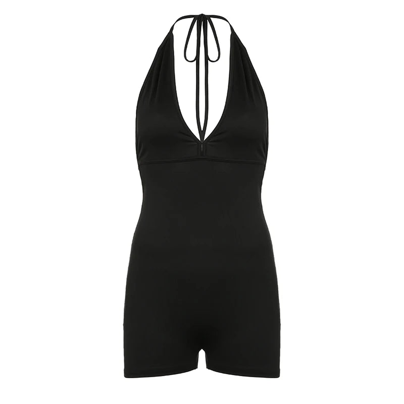 Streetwear Casual Fitness One Piece Sexy Playsuit Female Sporty Chic Backless Halter Neck Folds Bodycon Jumpsuit Gym