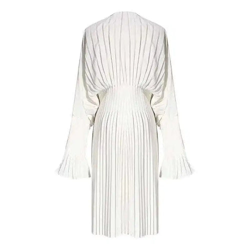Load image into Gallery viewer, Women White Pleated Elegant Big Size Midi Shirt Dress New V-Neck Long Flare Sleeve Fashion Tide Spring Autumn 2025 1W3260
