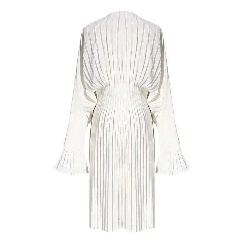 Women White Pleated Elegant Big Size Midi Shirt Dress New V-Neck Long Flare Sleeve Fashion Tide Spring Autumn 2025 1W3260