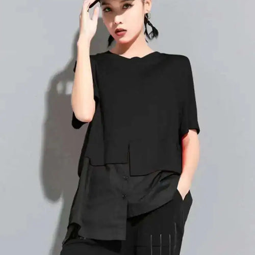 Load image into Gallery viewer, Women Red Color-block Irregular Big Size T-shirt New Round Neck Short Sleeve Fashion Tide Spring Summer  2025 1DF5310

