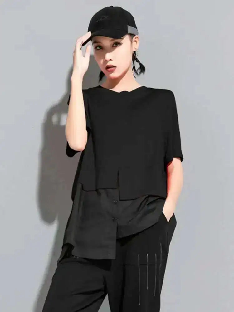 Women Red Color-block Irregular Big Size T-shirt New Round Neck Short Sleeve Fashion Tide Spring Summer  2025 1DF5310