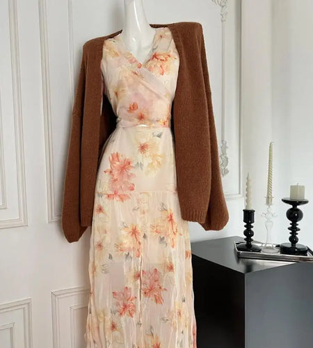 French Fashion Women's New Brown Long Sleeve Cardigan Sweaters Coat Autumn Winter V-neck Loose Crochet Knit Tops Casual Holiday