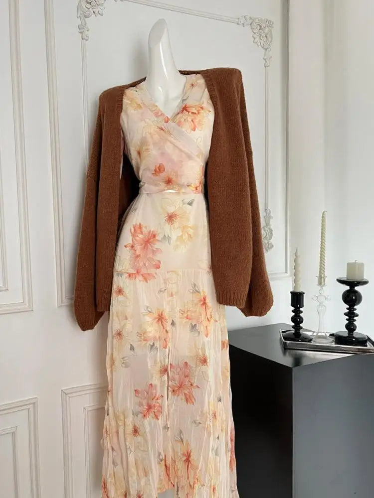 French Fashion Women's New Brown Long Sleeve Cardigan Sweaters Coat Autumn Winter V-neck Loose Crochet Knit Tops Casual Holiday