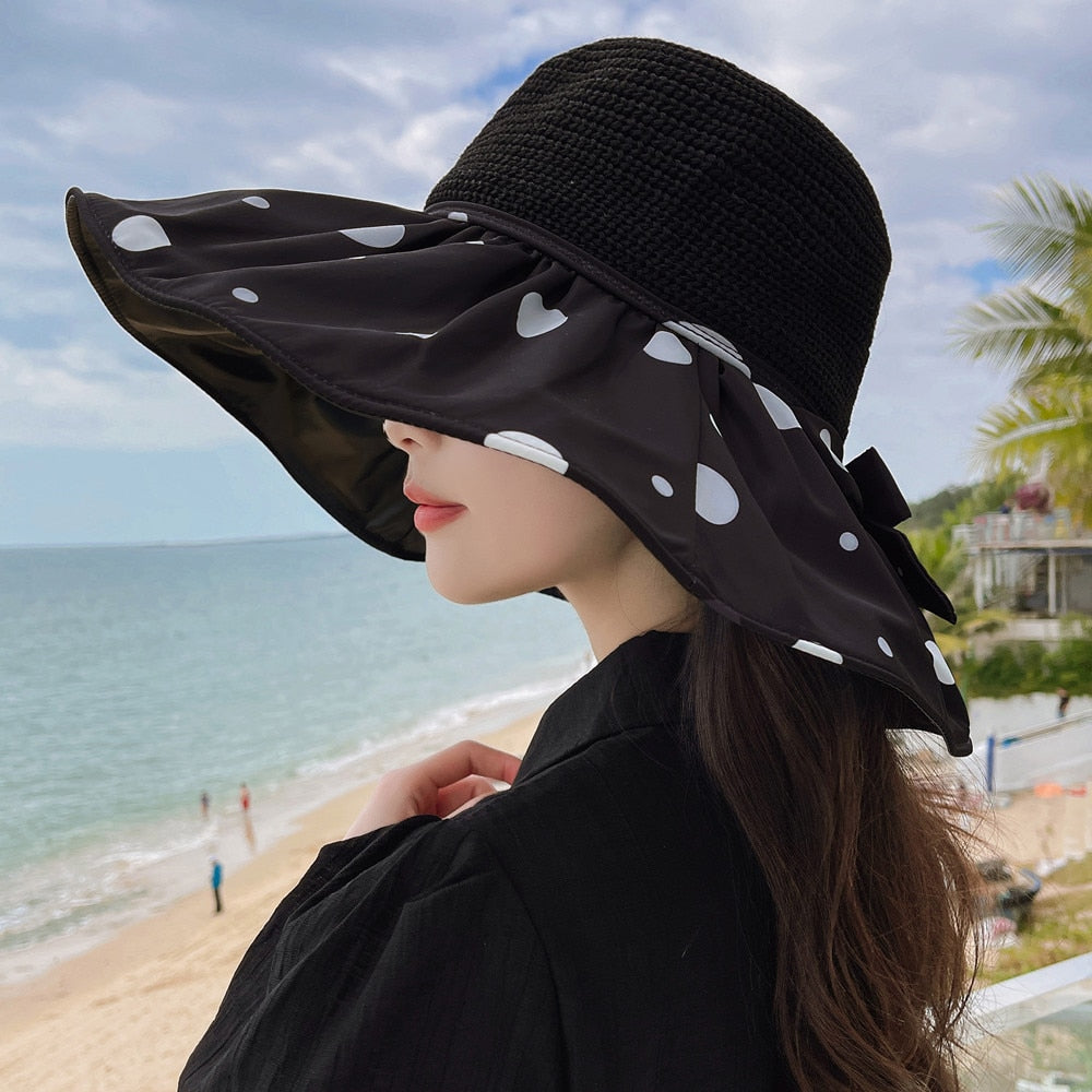 Summer Hats For Women Fashion Polka Dots Design Straw Hat High Quality Sun Protection Sun Hat Travel Beach Hat