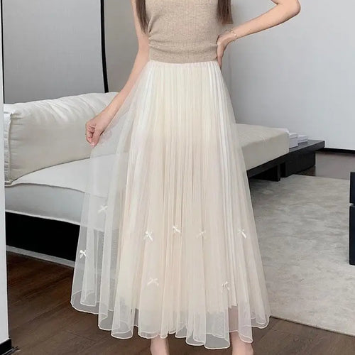 Load image into Gallery viewer, Women Solid Sweet Long Skirt 2023 New Korean Fashion Bow Elegant A Line Elastic High Waist Party Pleated Mesh Skirt Female Retro
