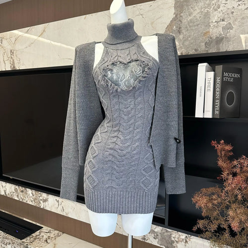 Load image into Gallery viewer, Retro New Two Piece Set Women Grey Lace Elegant Knitted High Neck Sleeveless Knit Slim Dress And Long Sleeve Short Cardigan Tops

