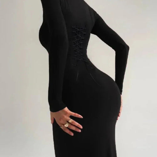 Load image into Gallery viewer, Back Bandage Maxi Dress Black Sexy Winter Long Sleeve Bodycon Dresses for Women Clothing 2023 New Arrivals C70-CG32
