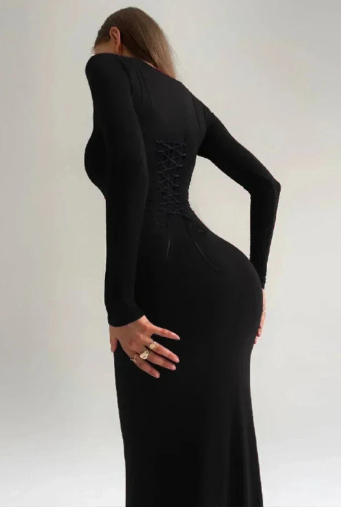 Back Bandage Maxi Dress Black Sexy Winter Long Sleeve Bodycon Dresses for Women Clothing 2023 New Arrivals C70-CG32