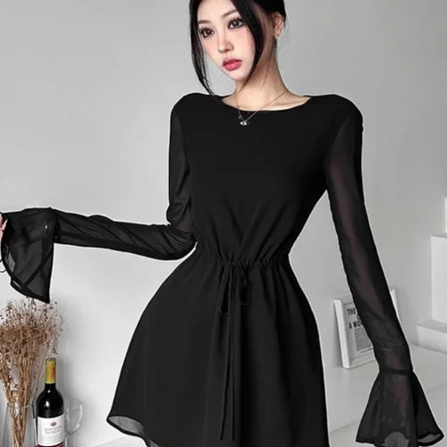 Load image into Gallery viewer, Sexy Backless Black Party Short Dresses Women Mesh Lace Up Flare Long Sleeve Mini Dress Wrap Slim Spring Fashion
