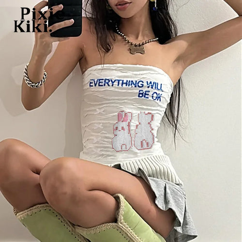 Load image into Gallery viewer, Y2k Summer Textured Bow Tube Top Cutecore White Graphic Tank Crop Top Women Early 2000s Clothes 2024 P84-AI10
